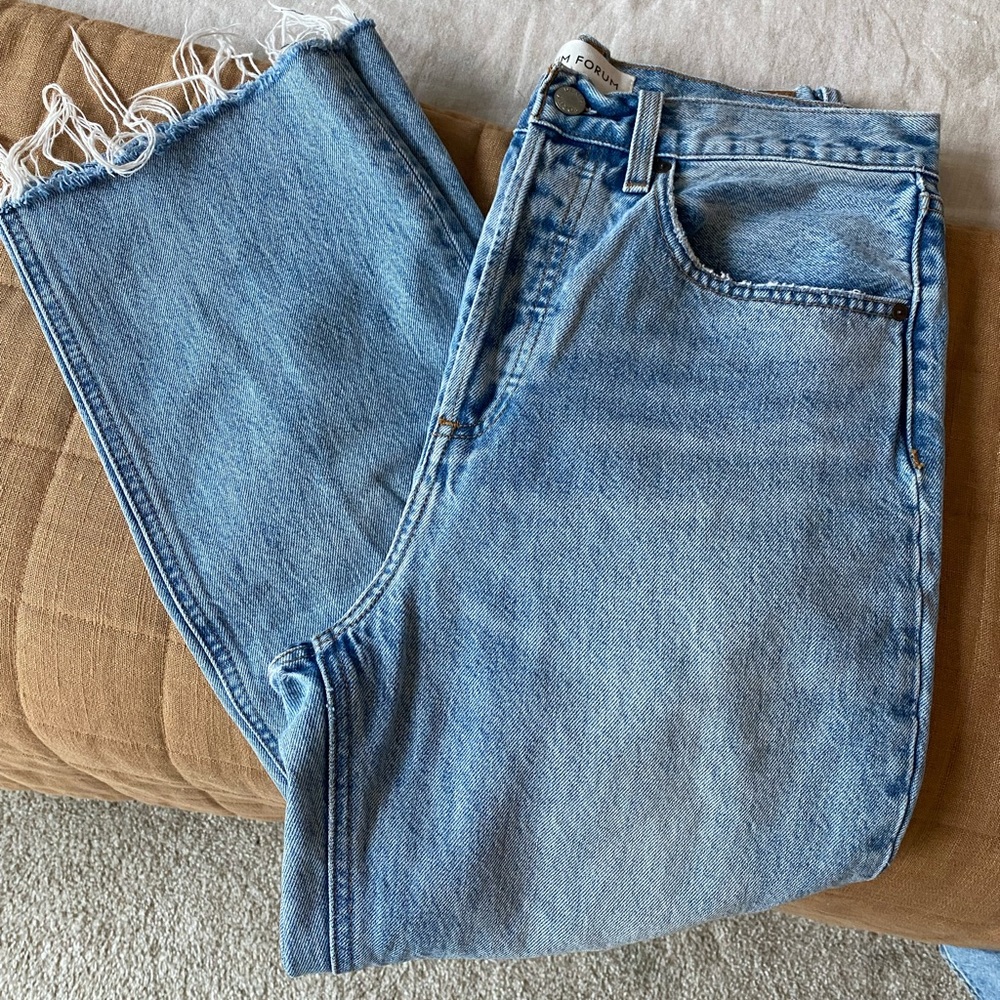 Aritzia Light Wash Joni High Rise, Denim Forum, Cropped with Raw Hem